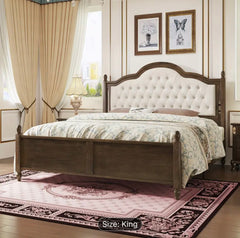 King Size Solid Wood Bed Frame, Transitional Platform Bed with 52.5" Upholstered Tufted Headboard, Rubberwood/Roman Column Accents/Wood Slat Support/No Box Spring Needed