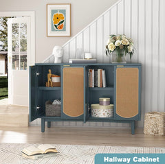 Sideboard Buffet Cabinet with 4 Rattan Doors, Accent Storage Cabinet with Shelves, Free Standing TV Console Table, Modern Teal Cabinet for Kitchen, Dining Room, Living Room, Bedroom, Hallway