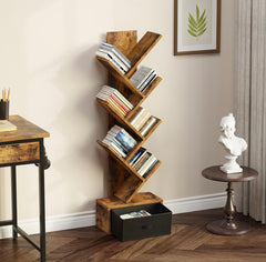 7 Tier Tree Bookshelf, Industrial Wood Bookcase, Vintage Storage Rack with Open Shelves, Rustic Standing Bookshelves Display Rack for Living Room, Bedroom, Rustic Brown Black