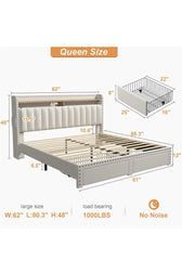Queen Bed Frame with Headboard and Storage, Upholstered Queen Bed Frame with Storage, Queen Size Bed Frame with 2 Drawers, Queen Size Bed Frame with Storage, NO Noise,No Box Spring Needed