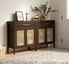 Sideboard Buffet Cabinet Set of 2, Wooden Credenza Storage Cabinet with Drawers and Metal Mesh Doors, Mid Century Modern Console Coffee Bar for Living Room and Entryway, Espresso Walnut