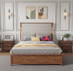 Queen Size Wooden Bed Frame with Tall Headboard, Boho Rustic Farmhouse Bedframe with Led Lights and Charging Station, Wood Slat Support, Sturdy & Easy Assembly (Brown Boho)