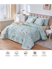 3 Pieces Reversible Floral Quilt Set Aqua, Microfiber Soft Quilt, Elegant Flower Design Bedspread, Lightweight Bed Cover for All Season, 1 Quilt n 2 Pillow Shams Queen