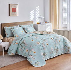 3 Pieces Reversible Floral Quilt Set Aqua, Microfiber Soft Quilt, Elegant Flower Design Bedspread, Lightweight Bed Cover for All Season, 1 Quilt n 2 Pillow Shams Queen
