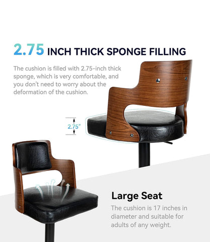 Set of 2 Morden Height Counter Bar Stools with Wood Back Thickened Seat Swivel Adjustable Stool Chair for Home Kitchen Island Black