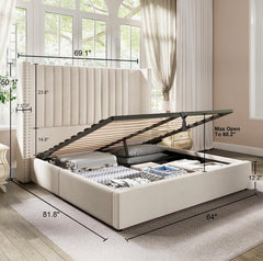 King Bed Frame Lift Up Storage Bed, Velvet King Upholstered Bed Frame/Channel Tufted Wingback Headborad/No Box Spring Needed