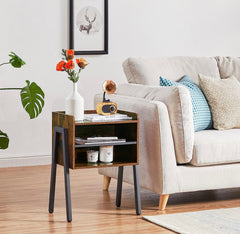 Nightstand Industrial Side End Table/Stackable Accent Furniture with 2-Tier Open Storage Compartments for Bedroom, Living Room and Small Spaces, 2 Pack, Brown+Black