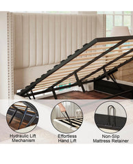 King Bed Frame Lift Up Storage Bed, Velvet King Upholstered Bed Frame/Channel Tufted Wingback Headborad/No Box Spring Needed