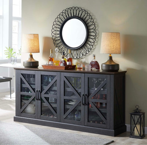 Farmhouse Buffet Cabinet with Storage, 70" Wood Sideboard Storage Cabinet w/4 Glass Barn Doors & Adjustable Shelf, Bar Cabinet for Kitchen, Dining Room, Hallway, Dark Grey