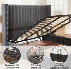 King Bed Frame Lift Up Storage Bed, Velvet King Upholstered Bed Frame/Channel Tufted Wingback Headborad/No Box Spring Needed