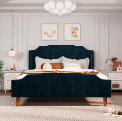Queen Size Velvet Bed Frame Upholstered Platform Bed with Vertical Headboard and Footboard,Green