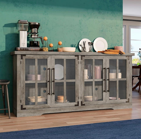 63" Farmhouse TV Stand with 4 Glass Doors, Modern Buffet Sideboard Cabinet with Storage, Entertainment Center with Adjustable Shelf for TV's up to 75"