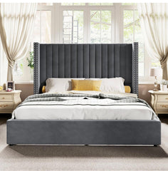 King Bed Frame Lift Up Storage Bed, Velvet King Upholstered Bed Frame/Channel Tufted Wingback Headborad/No Box Spring Needed