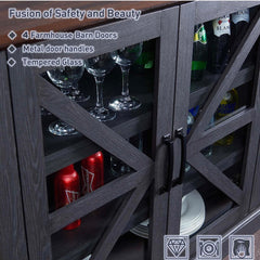 Farmhouse Buffet Cabinet with Storage, 70" Wood Sideboard Storage Cabinet w/4 Glass Barn Doors & Adjustable Shelf, Bar Cabinet for Kitchen, Dining Room, Hallway, Dark Grey