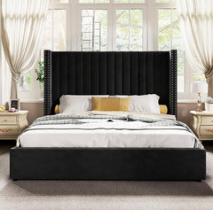 King Bed Frame Lift Up Storage Bed, Velvet King Upholstered Bed Frame/Channel Tufted Wingback Headborad/No Box Spring Needed