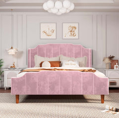 Queen Size Velvet Bed Frame Upholstered Platform Bed with Vertical Headboard and Footboard,Green