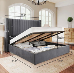 King Bed Frame Lift Up Storage Bed, Velvet King Upholstered Bed Frame/Channel Tufted Wingback Headborad/No Box Spring Needed