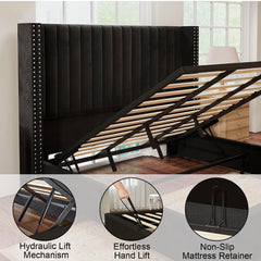 King Bed Frame Lift Up Storage Bed, Velvet King Upholstered Bed Frame/Channel Tufted Wingback Headborad/No Box Spring Needed