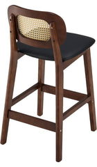 Counter Height Bar Stools , PU Leather Upholstered Counter Stool with Rattan Back and Solid Wood Frame Mid-Century Modern Bar Chair for Dining Room Kitchen Island, Black