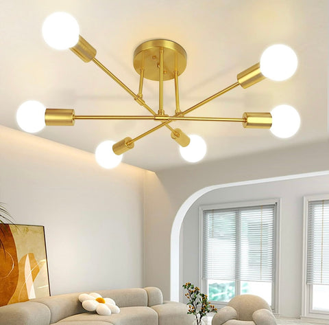Modern Sputnik Chandelier, Ceiling Light Fixture Flush Mount 6-Lights Gold Chandeliers for Living Room Bedroom Dining Room Kitchen, Mid Century Chandeliers, E26 Base, Bulbs Not Included