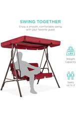 2-Person Outdoor Patio Swing Chair, Hanging Glider Porch Bench for Garden, Poolside, Backyard w/Convertible Canopy, Adjustable Shade, Removable Cushions - Burgundy