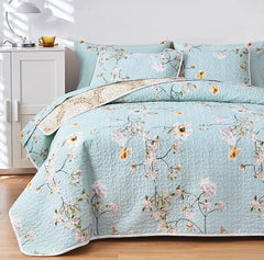 3 Pieces Reversible Floral Quilt Set Aqua, Microfiber Soft Quilt, Elegant Flower Design Bedspread, Lightweight Bed Cover for All Season, 1 Quilt n 2 Pillow Shams Queen