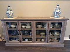 70 Inch Sideboard Buffet Cabinet, Entertainment Center with Storage, Glass Display Cabinet with Adjustable Shelves Console Table Storage Cabinet for Living Room, Dining Room, Gray Wash