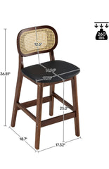 Counter Height Bar Stools , PU Leather Upholstered Counter Stool with Rattan Back and Solid Wood Frame Mid-Century Modern Bar Chair for Dining Room Kitchen Island, Black