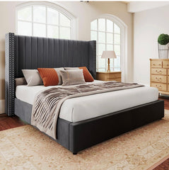 King Bed Frame Lift Up Storage Bed, Velvet King Upholstered Bed Frame/Channel Tufted Wingback Headborad/No Box Spring Needed