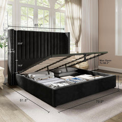 King Bed Frame Lift Up Storage Bed, Velvet King Upholstered Bed Frame/Channel Tufted Wingback Headborad/No Box Spring Needed
