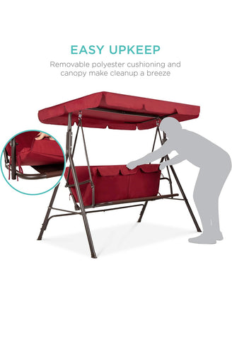 2-Person Outdoor Patio Swing Chair, Hanging Glider Porch Bench for Garden, Poolside, Backyard w/Convertible Canopy, Adjustable Shade, Removable Cushions - Burgundy