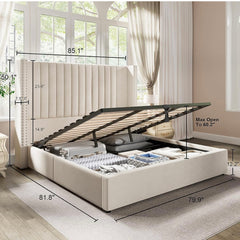 King Bed Frame Lift Up Storage Bed, Velvet King Upholstered Bed Frame/Channel Tufted Wingback Headborad/No Box Spring Needed