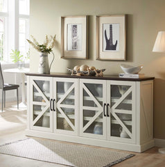 Farmhouse Buffet Cabinet with Storage, 70" Wood Sideboard Storage Cabinet w/4 Glass Barn Doors & Adjustable Shelf, Bar Cabinet for Kitchen, Dining Room, Hallway, Dark Grey
