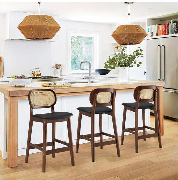Counter Height Bar Stools , PU Leather Upholstered Counter Stool with Rattan Back and Solid Wood Frame Mid-Century Modern Bar Chair for Dining Room Kitchen Island, Black