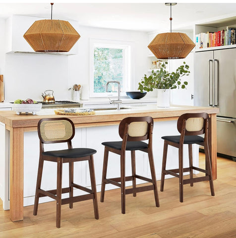Counter Height Bar Stools , PU Leather Upholstered Counter Stool with Rattan Back and Solid Wood Frame Mid-Century Modern Bar Chair for Dining Room Kitchen Island, Black