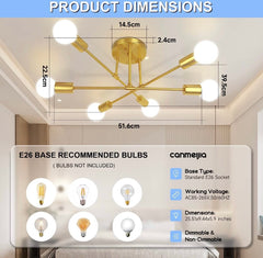 Modern Sputnik Chandelier, Ceiling Light Fixture Flush Mount 6-Lights Gold Chandeliers for Living Room Bedroom Dining Room Kitchen, Mid Century Chandeliers, E26 Base, Bulbs Not Included