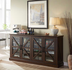 Farmhouse Buffet Cabinet with Storage, 70" Wood Sideboard Storage Cabinet w/4 Glass Barn Doors & Adjustable Shelf, Bar Cabinet for Kitchen, Dining Room, Hallway, Dark Grey
