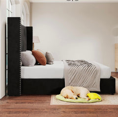 King Bed Frame Lift Up Storage Bed, Velvet King Upholstered Bed Frame/Channel Tufted Wingback Headborad/No Box Spring Needed
