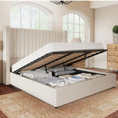 King Bed Frame Lift Up Storage Bed, Velvet King Upholstered Bed Frame/Channel Tufted Wingback Headborad/No Box Spring Needed