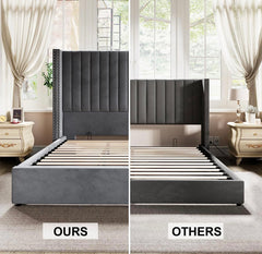 King Bed Frame Lift Up Storage Bed, Velvet King Upholstered Bed Frame/Channel Tufted Wingback Headborad/No Box Spring Needed