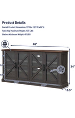 Farmhouse Buffet Cabinet with Storage, 70" Wood Sideboard Storage Cabinet w/4 Glass Barn Doors & Adjustable Shelf, Bar Cabinet for Kitchen, Dining Room, Hallway, Dark Grey