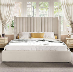 King Bed Frame Lift Up Storage Bed, Velvet King Upholstered Bed Frame/Channel Tufted Wingback Headborad/No Box Spring Needed