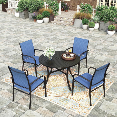 5 Pieces Patio Dining Set, Patio Furniture Sets for 4, 4 x Blue Textilene Dining Chair, 42" Metal Round Table for Lawn Garden Backyard Deck