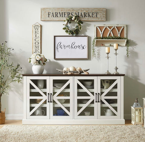 Farmhouse Buffet Cabinet with Storage, 70" Wood Sideboard Storage Cabinet w/4 Glass Barn Doors & Adjustable Shelf, Bar Cabinet for Kitchen, Dining Room, Hallway, Dark Grey