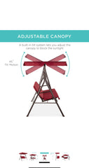 2-Person Outdoor Patio Swing Chair, Hanging Glider Porch Bench for Garden, Poolside, Backyard w/Convertible Canopy, Adjustable Shade, Removable Cushions - Burgundy