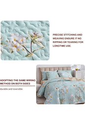 3 Pieces Reversible Floral Quilt Set Aqua, Microfiber Soft Quilt, Elegant Flower Design Bedspread, Lightweight Bed Cover for All Season, 1 Quilt n 2 Pillow Shams Queen