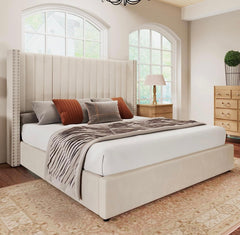 King Bed Frame Lift Up Storage Bed, Velvet King Upholstered Bed Frame/Channel Tufted Wingback Headborad/No Box Spring Needed
