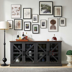 Farmhouse Buffet Cabinet with Storage, 70" Wood Sideboard Storage Cabinet w/4 Glass Barn Doors & Adjustable Shelf, Bar Cabinet for Kitchen, Dining Room, Hallway, Dark Grey