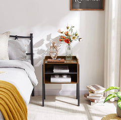 Nightstand Industrial Side End Table/Stackable Accent Furniture with 2-Tier Open Storage Compartments for Bedroom, Living Room and Small Spaces, 2 Pack, Brown+Black