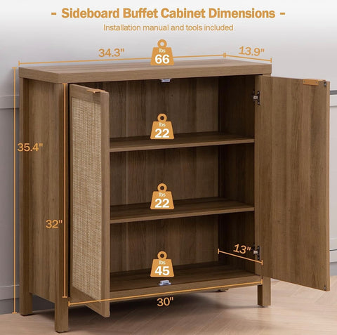Farmhouse Accent Credenza Cabinet - Cupboard Console Table for Dining Room Bar - Natural